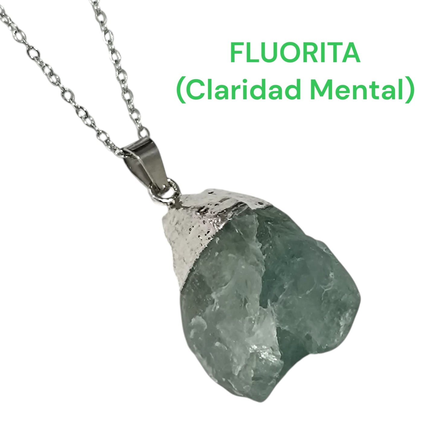 Colgante Mineral Fluorita En Bruto engarzado Con Baño Metal Para Claridad Mental Cadena Acero ELIGE TAMAÑO CADENA TODOMINERAL