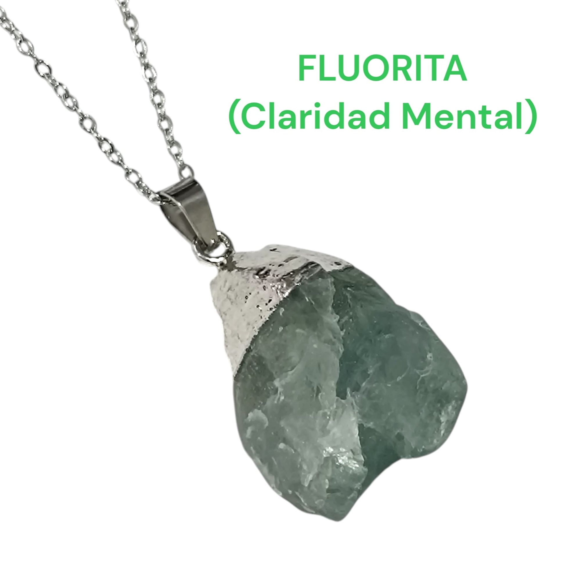 Colgante Mineral Fluorita En Bruto engarzado Con Baño Metal Para Claridad Mental Cadena Acero ELIGE TAMAÑO CADENA TODOMINERAL