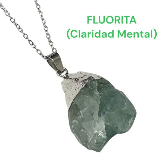 Colgante Mineral Fluorita En Bruto engarzado Con Baño Metal Para Claridad Mental Cadena Acero ELIGE TAMAÑO CADENA TODOMINERAL