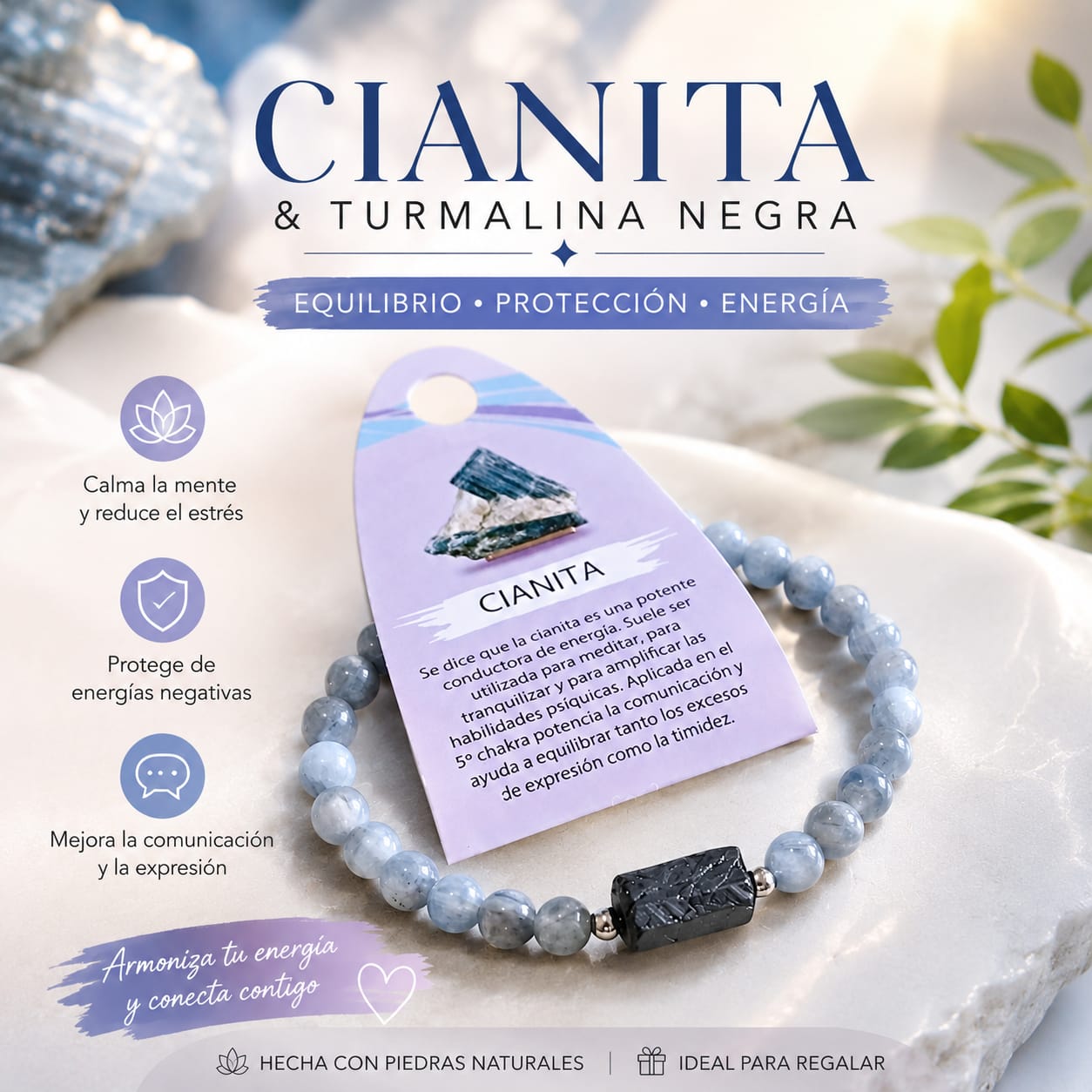 Pulsera de Piedra Natural Cianita Con Entrepieza Piedra Turmalina Proteccion Absoluta PULSERA ACERO