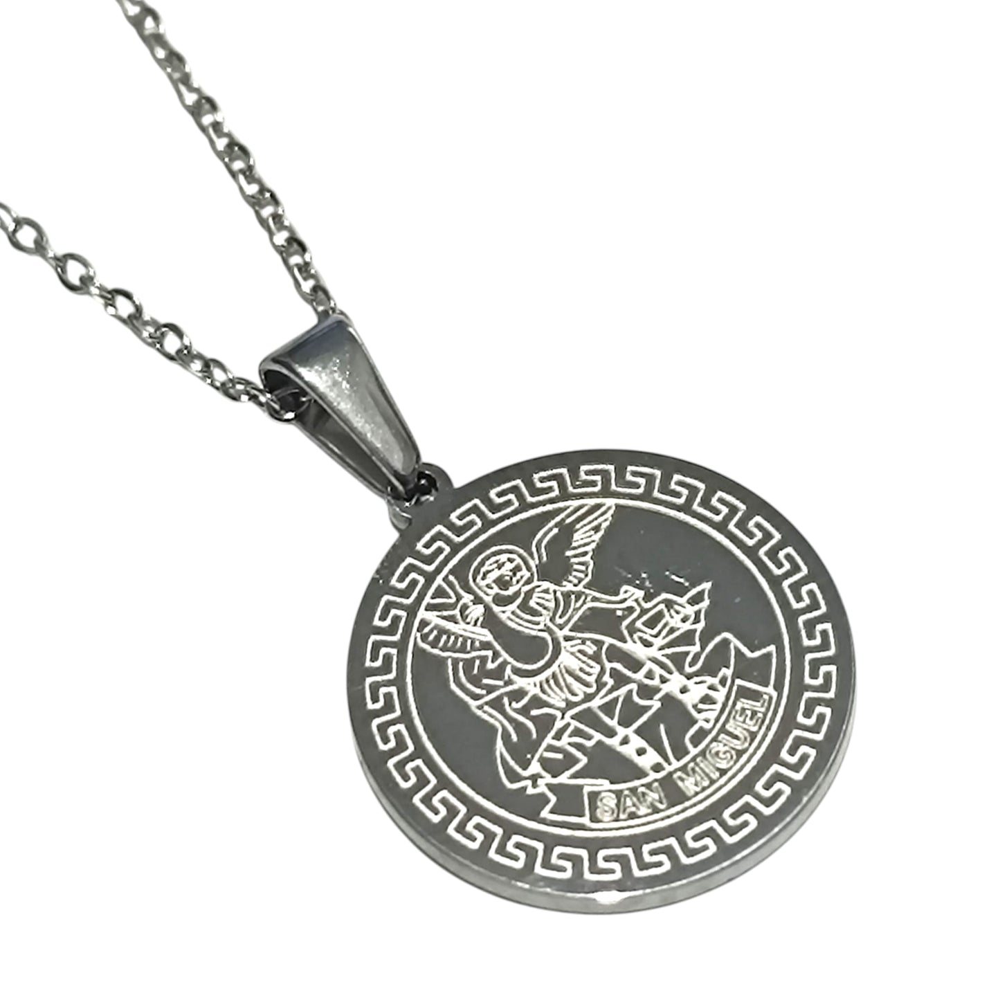 Collar Acero Medalla San Miguel 40 mm Parte Trasera Con Oracion A San Miguel (ELIGE TAMAÑO DE CADENA) - TODOMINERAL
