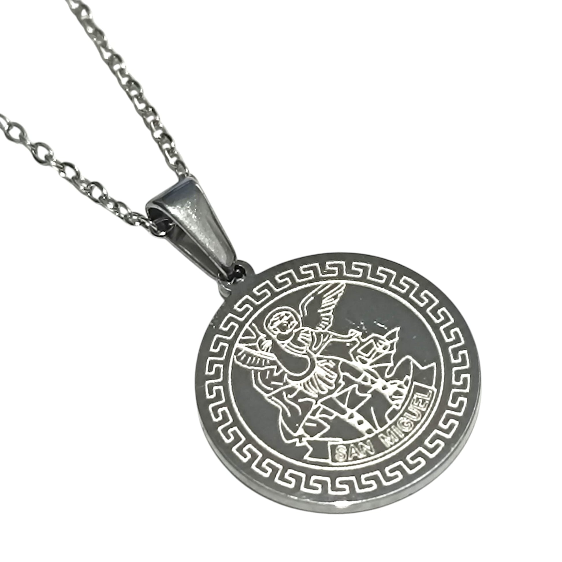Collar Acero Medalla San Miguel 40 mm Parte Trasera Con Oracion A San Miguel (ELIGE TAMAÑO DE CADENA) - TODOMINERAL