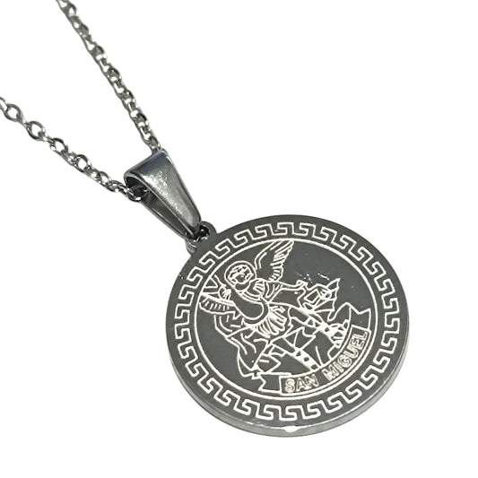 Collar Acero Medalla San Miguel 40 mm Parte Trasera Con Oracion A San Miguel (ELIGE TAMAÑO DE CADENA) - TODOMINERAL