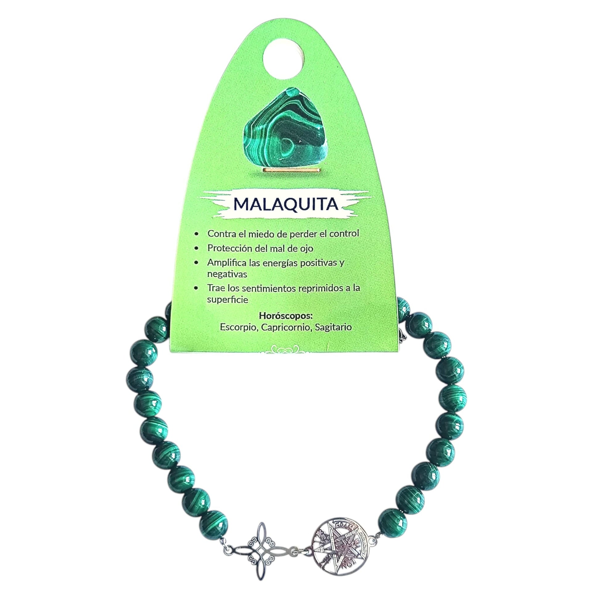 Pulsera Piedra Natural Malaquita Original 6mm | Nudo de Bruja y Tetragrámaton | Acero Artesanal PULSERA ACERO