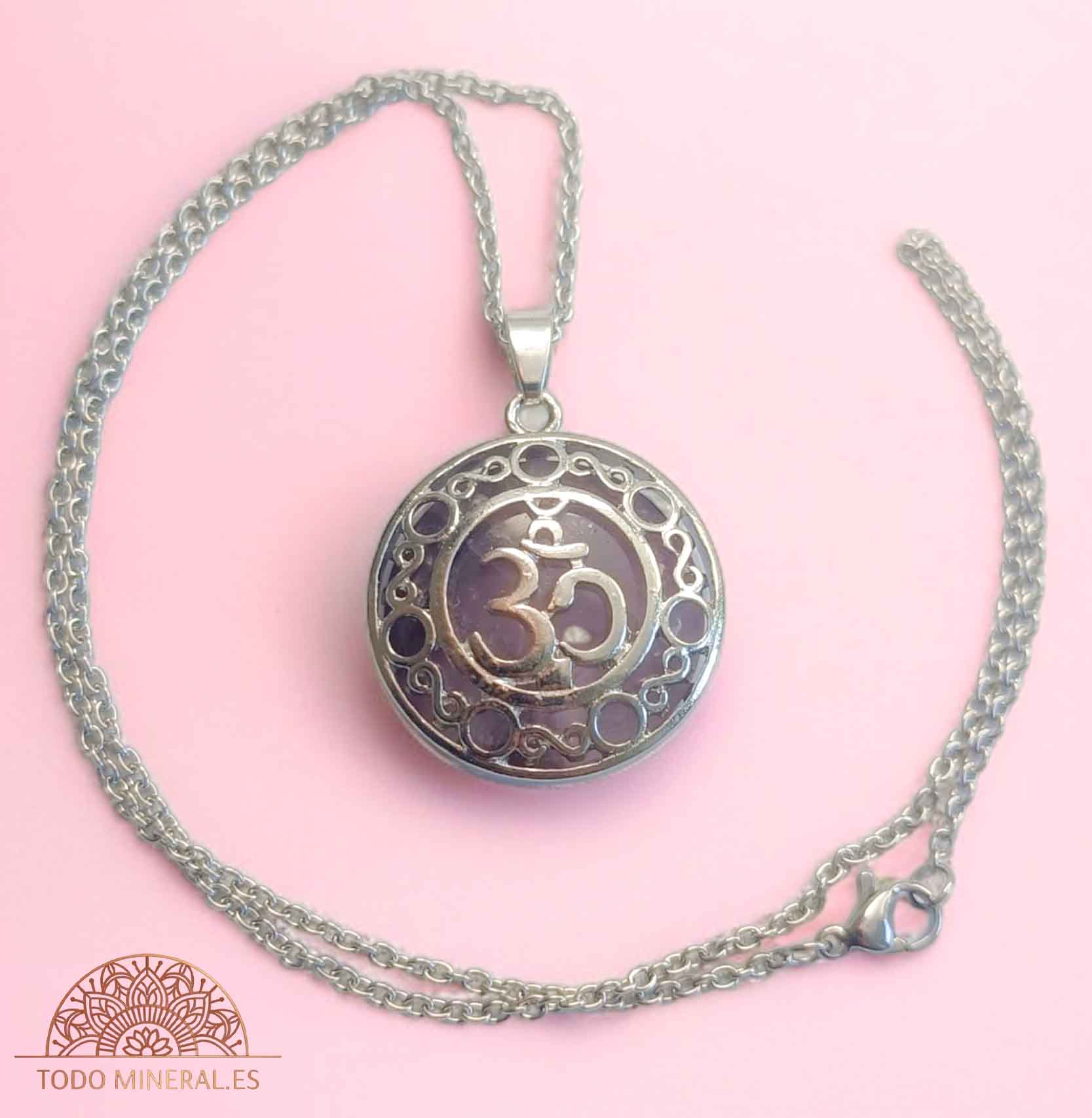 Collar Simbolo Om De Metal Con Pedra Amatista Y Cadena Acero 45 Cms - TODOMINERAL