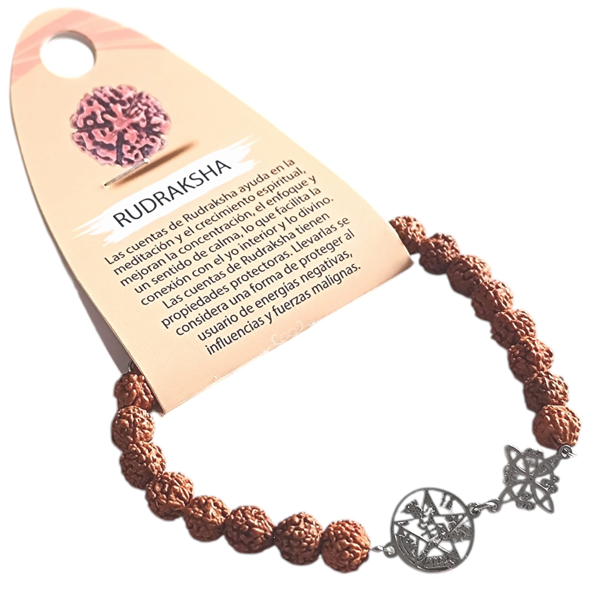 Pulsera Natural Rudraksha con Dijes de (Nudo de Bruja y Tetragrámaton) PULSERA ACERO