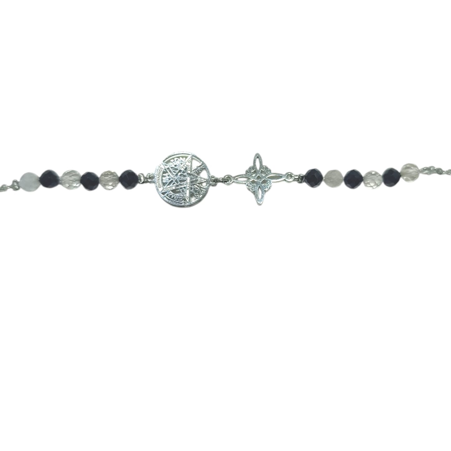 Tobillera Artesanal Acero Turmalina-Cuarzo Blanco Y Dijes Nudo De Bruja-Tetragramaton TOBILLERAS ACERO