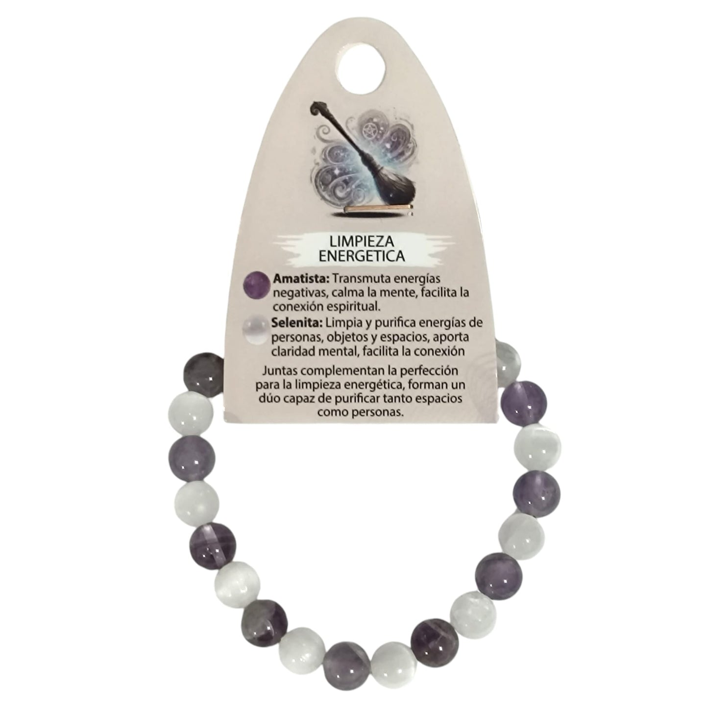 Pulsera Combinada Piedra Amatista y Selenita para Limpieza energética ELIGE TAMAÑO DE BOLA PULSERAS MINERALES