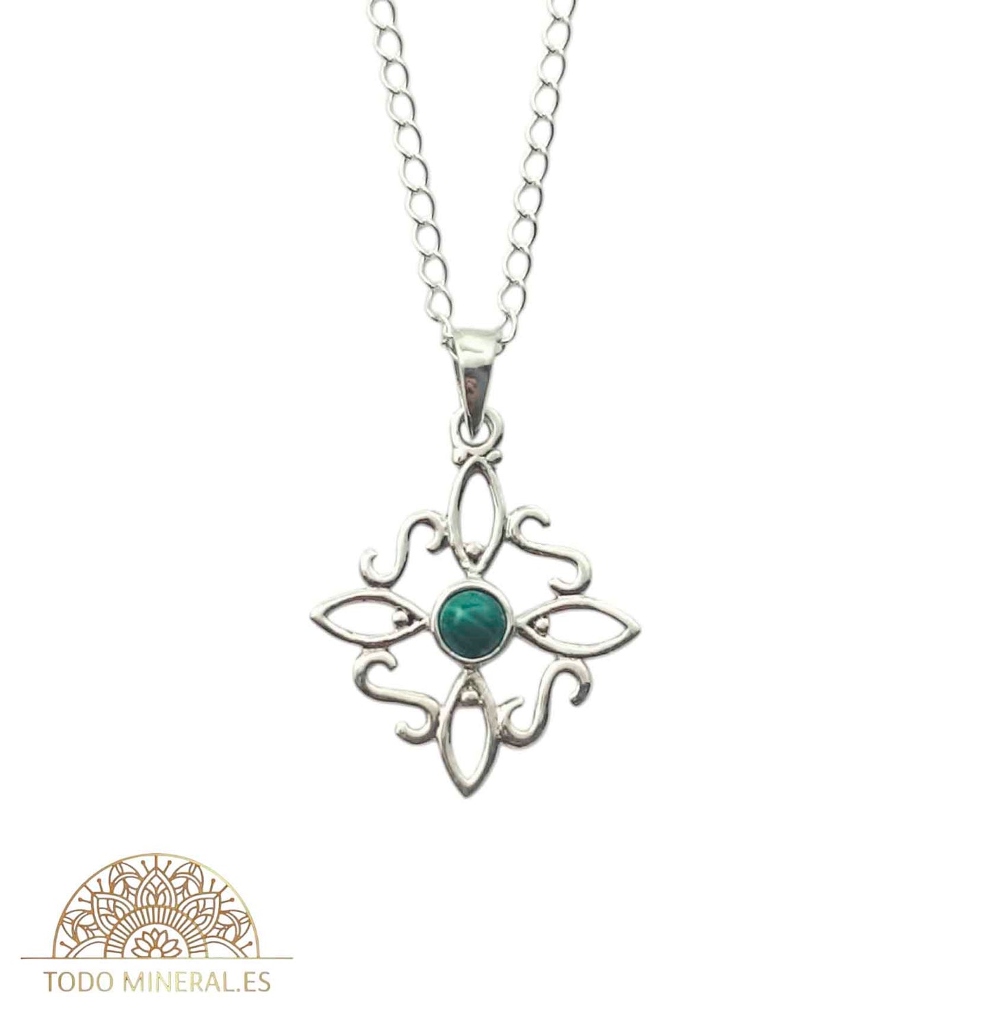 Collar Nudo De Bruja 20 mm Piedra Malaquita Con Cadena Finita 45 Cms Plata 925 500303559 TODOMINERAL