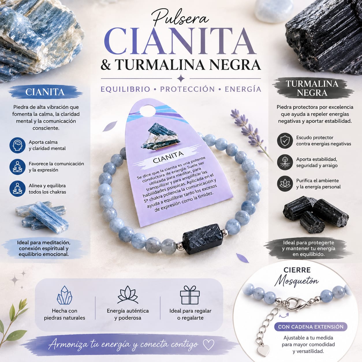Pulsera de Piedra Natural Cianita Con Entrepieza Piedra Turmalina Proteccion Absoluta PULSERA ACERO