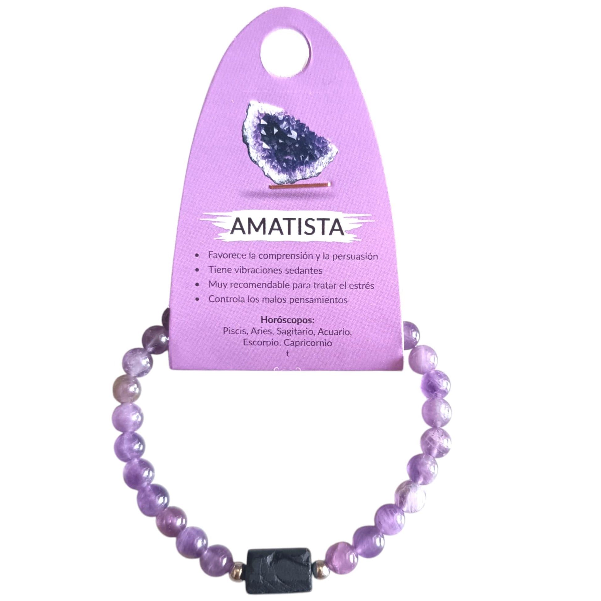 Pulsera de Piedra Natural Amatista Con Entrepieza Piedra Turmalina Proteccion y Calma PULSERA ACERO