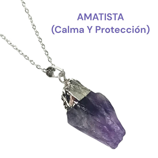 Colgante Mineral Amatista En Bruto engarzado Con Baño Metal Para Calma Y Proteccion Cadena Acero ELIGE TAMAÑO CADENA TODOMINERAL