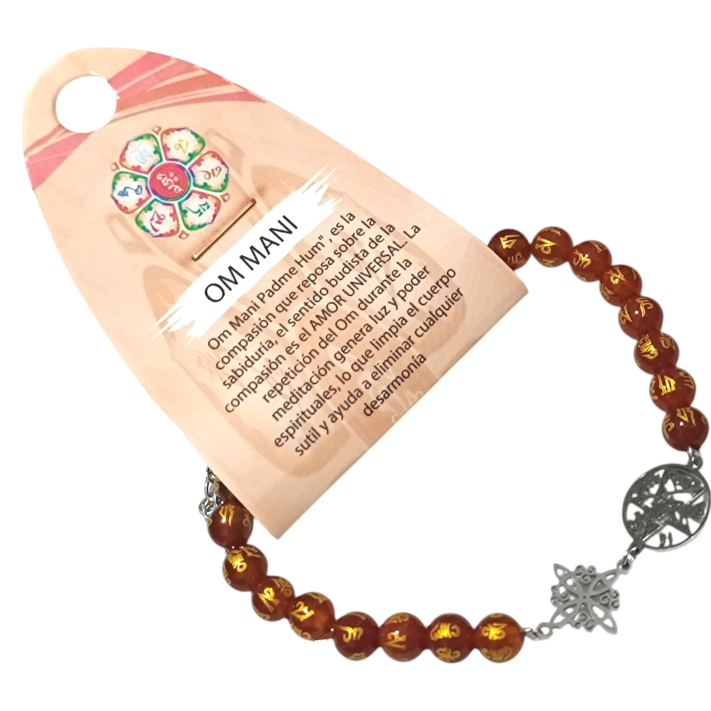 Pulsera de Piedra Natural Carneola On Mani Padme Hum con Dijes de (Nudo de Bruja y Tetragrámaton) PULSERA ACERO