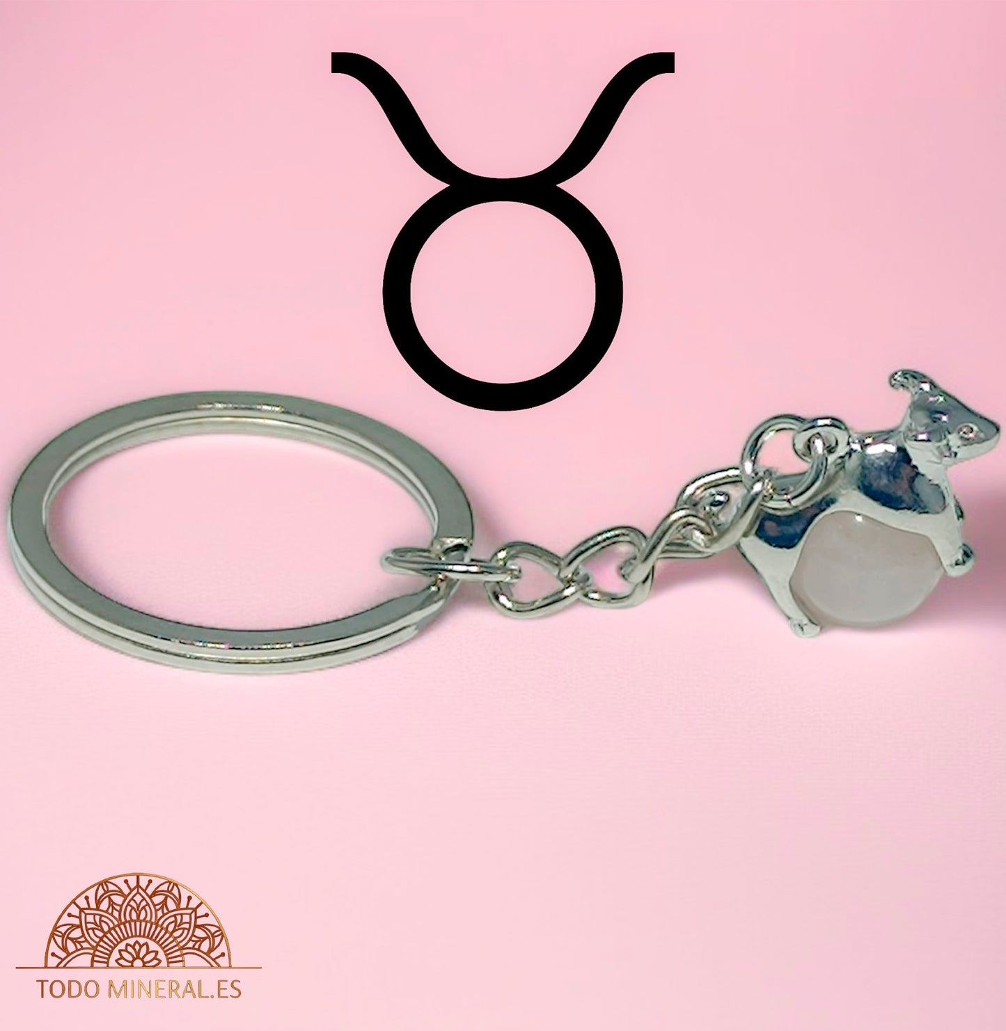 Llavero Metal Horóscopo Tauro Con Bola Cuarzo Rosa - TODOMINERAL
