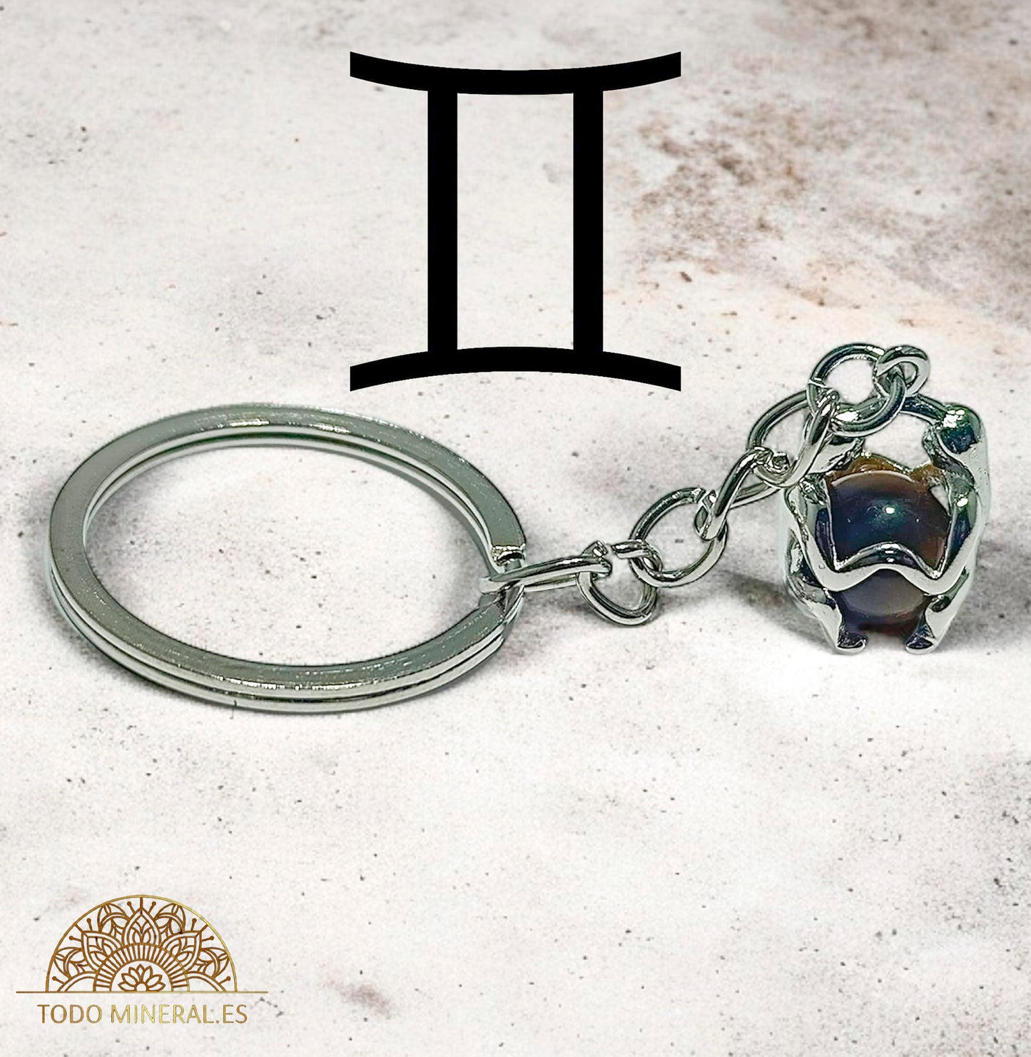 Llavero Metal Horóscopo Géminis Con Bola Ojo De Tigre - TODOMINERAL