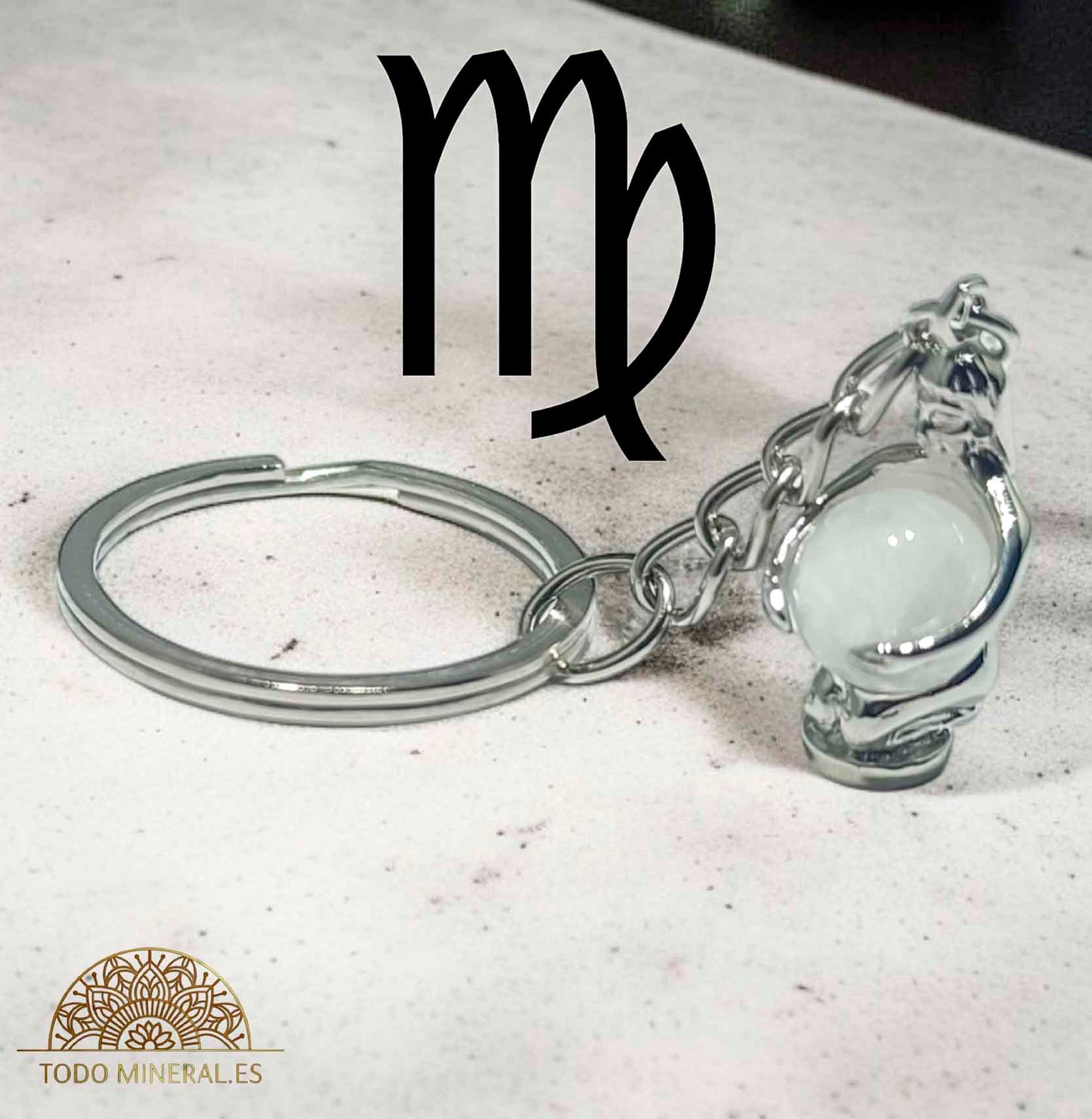 Llavero Metal Horóscopo Virgo Con Bola Cuarzo Blanco - TODOMINERAL