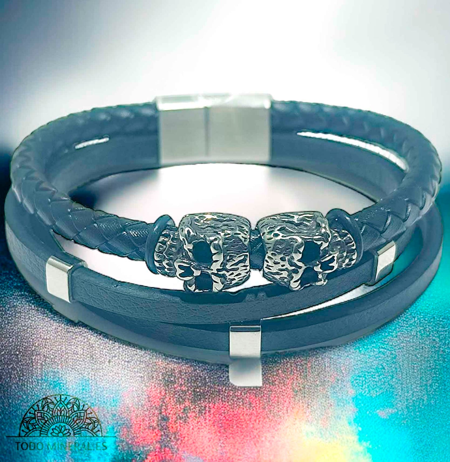 Pulsera Cuero Y Acero 22Cms Aprox Cierre Imán En Forma De Puzzle - TODOMINERAL