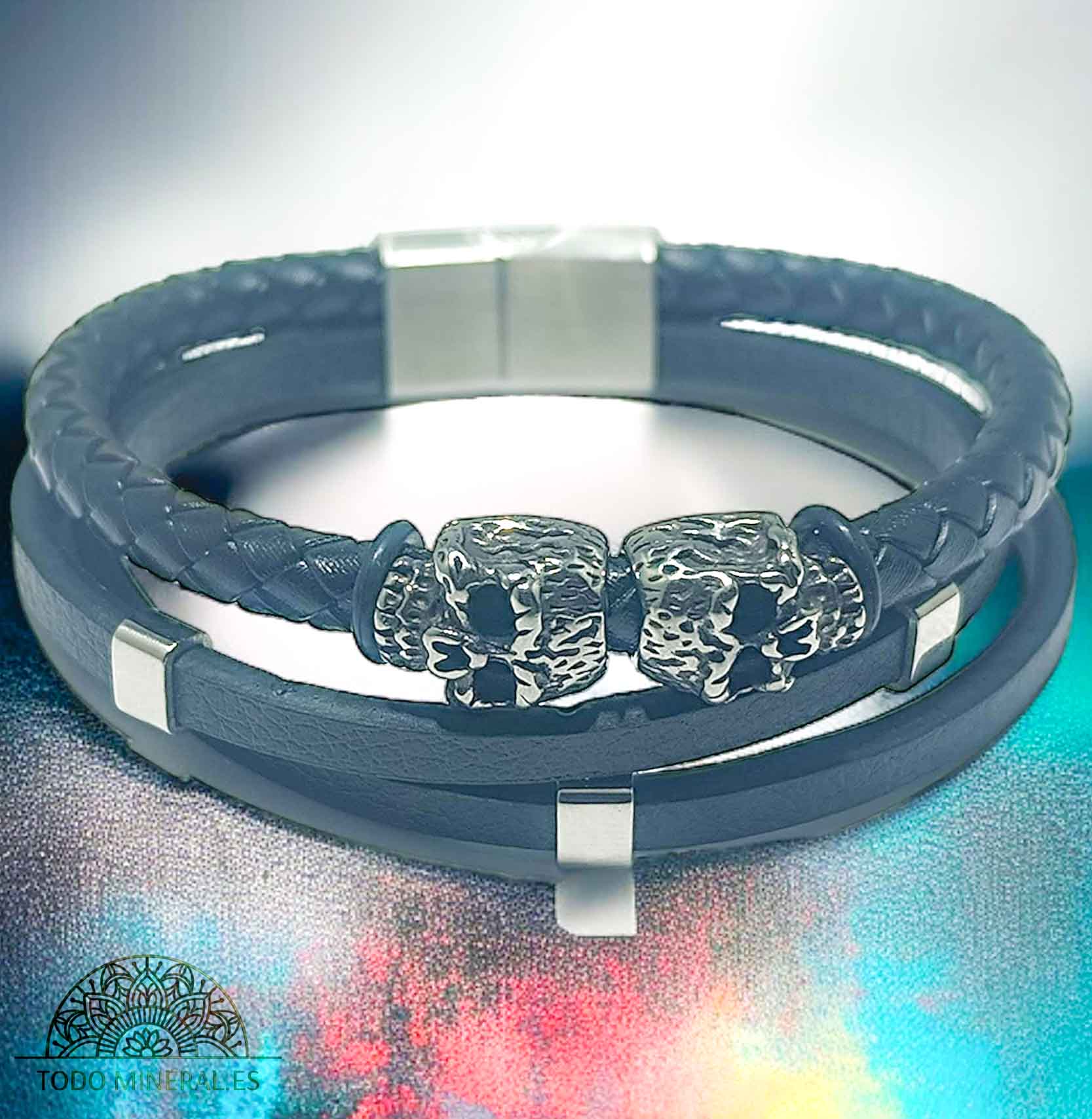 Pulsera Cuero Y Acero 22Cms Aprox Cierre Imán En Forma De Puzzle - TODOMINERAL