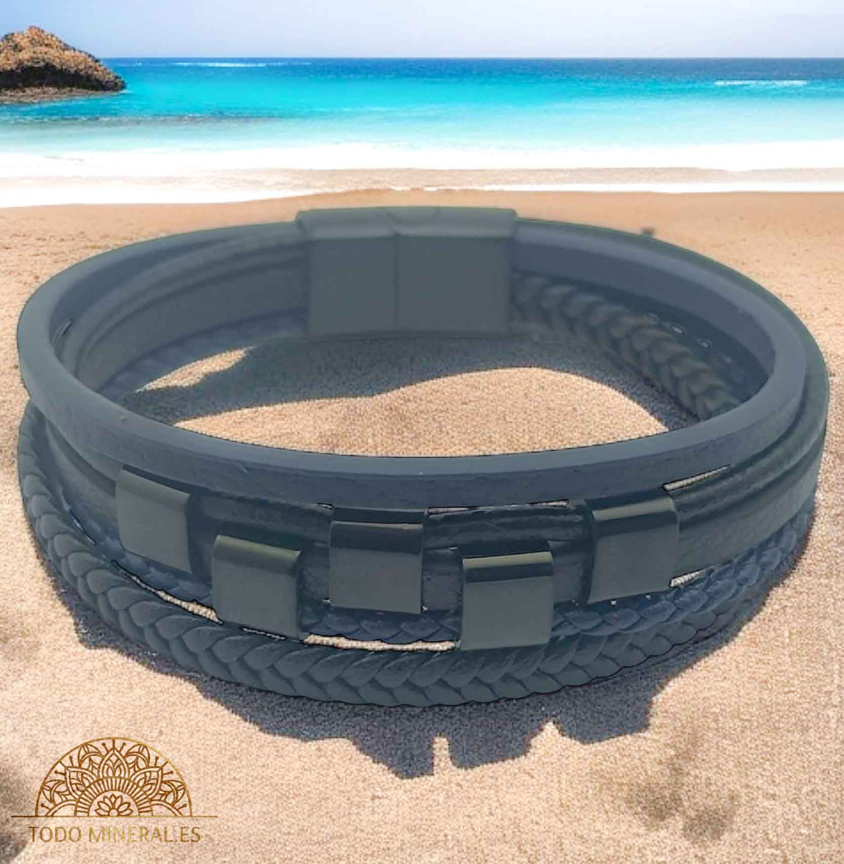 Pulsera Cuero Y Acero 22Cms Aprox Cierre Imán En Forma De Puzzle - TODOMINERAL