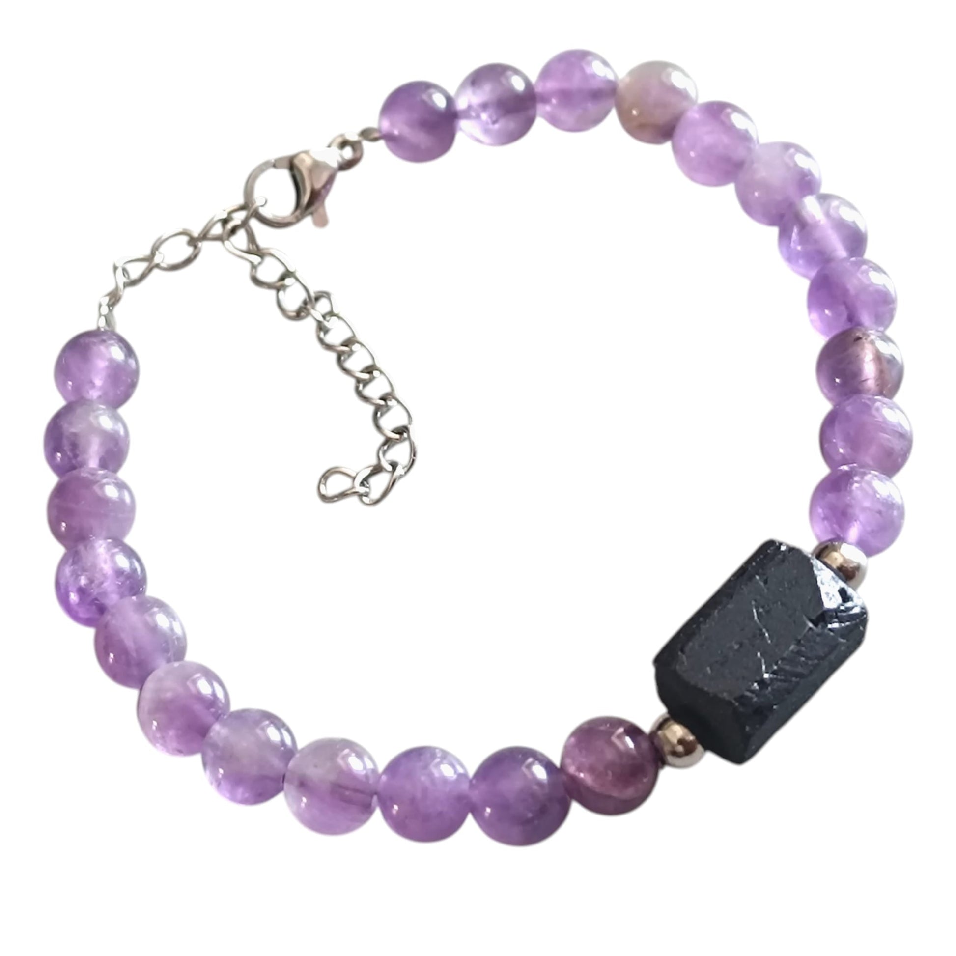 Pulsera de Piedra Natural Amatista Con Entrepieza Piedra Turmalina Proteccion y Calma PULSERA ACERO