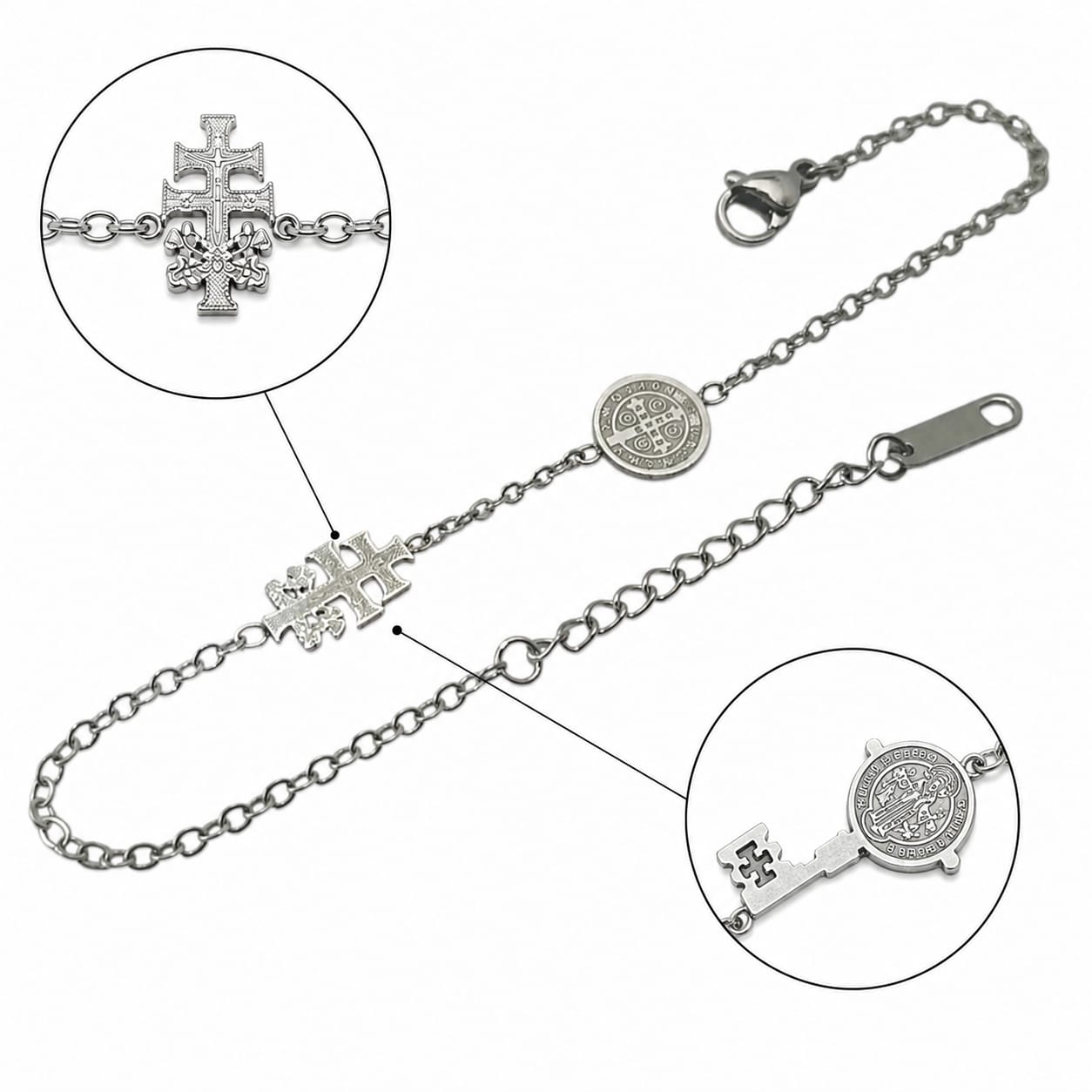 Pulsera Acero Proteccion Dije Medalla San Benibto Y Cruz Caravaca 18 Cms Aprox (ELIGE COLOR) PULSERA ACERO