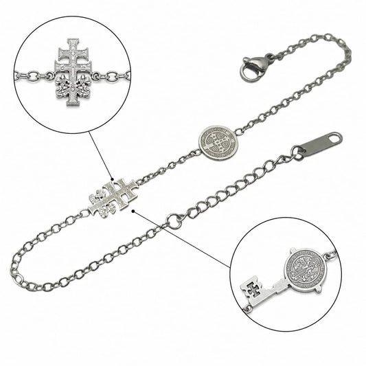 Pulsera Acero Proteccion Dije Medalla San Benibto Y Cruz Caravaca 18 Cms Aprox (ELIGE COLOR) PULSERA ACERO