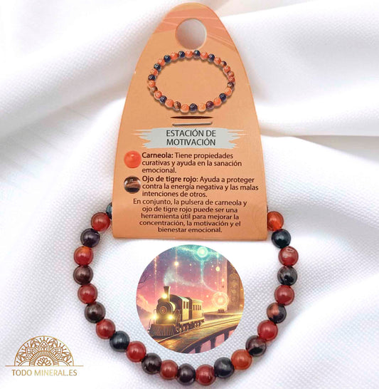 Pulsera Combinada Piedra Ojo Tigre Rojo y Carneola Para Estación De Motivación Piedra De 6 mm - TODOMINERAL