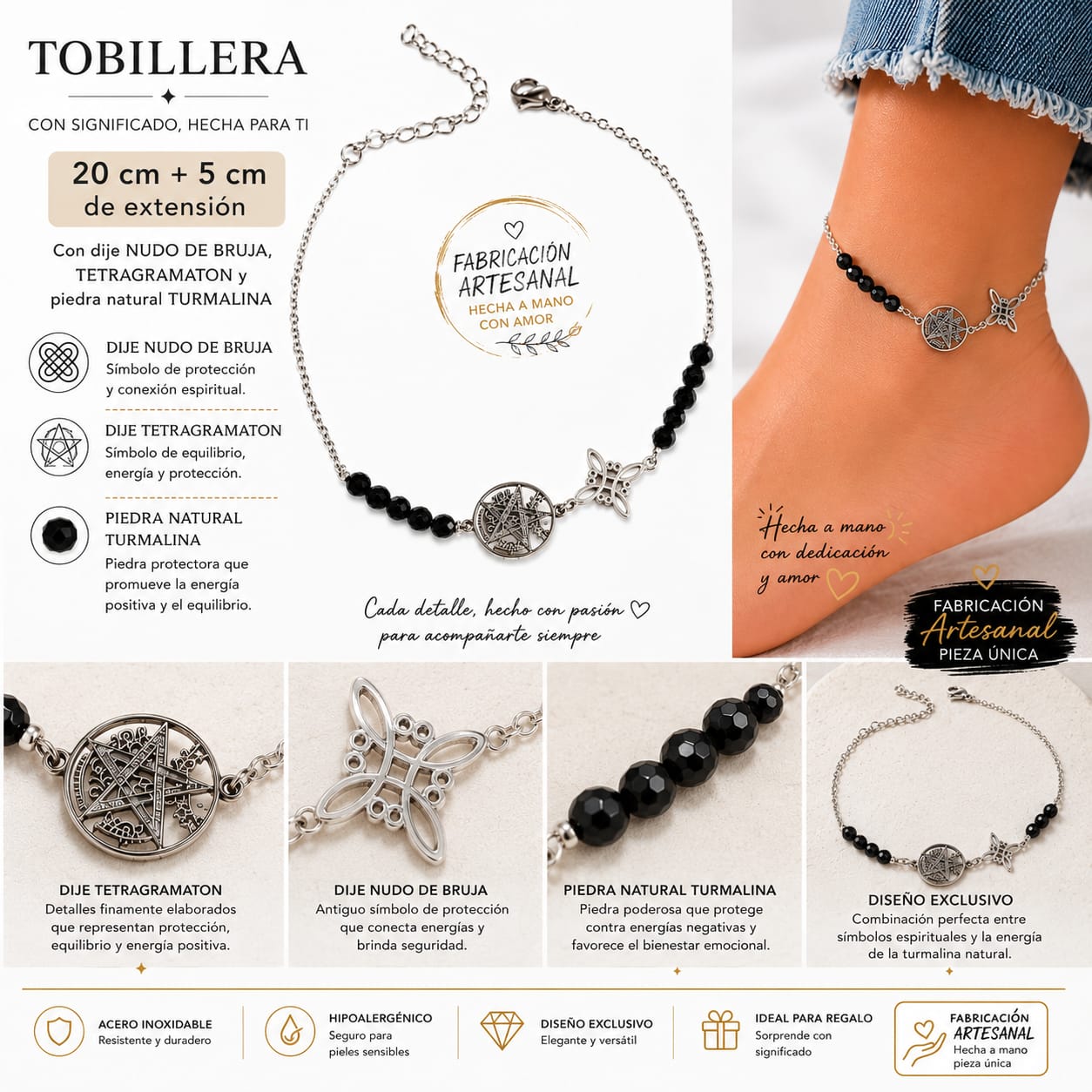 Tobillera Artesanal Acero Con Dije Nudo De Bruja Y Tetragrasmaton Piedra Natural Turmalina TOBILLERAS ACERO