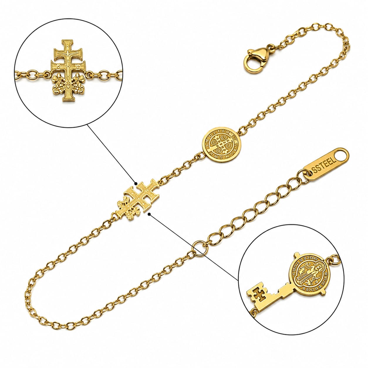 Pulsera Acero Proteccion Dije Medalla San Benibto Y Cruz Caravaca 18 Cms Aprox (ELIGE COLOR) PULSERA ACERO
