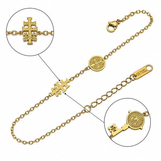 Pulsera Acero Proteccion Dije Medalla San Benibto Y Cruz Caravaca 18 Cms Aprox (ELIGE COLOR) PULSERA ACERO