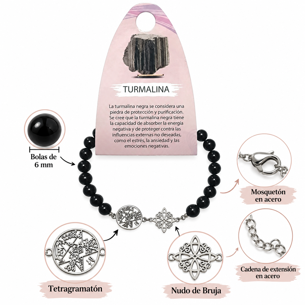 Pulsera Acero Doble Protección Tetragramaton Nudo De Bruja Y Piedra Natural Turmalina 6 mm PULSERA ACERO