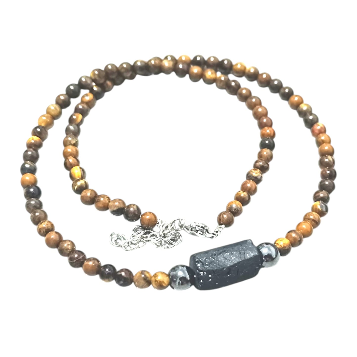 Collar Piedra Natural Combinado OjoTigre 4 mm Hematite 6mm Y Turmalina 45 Cms+ 5 Cadena Extensión Con Cierre Acero TODOMINERAL