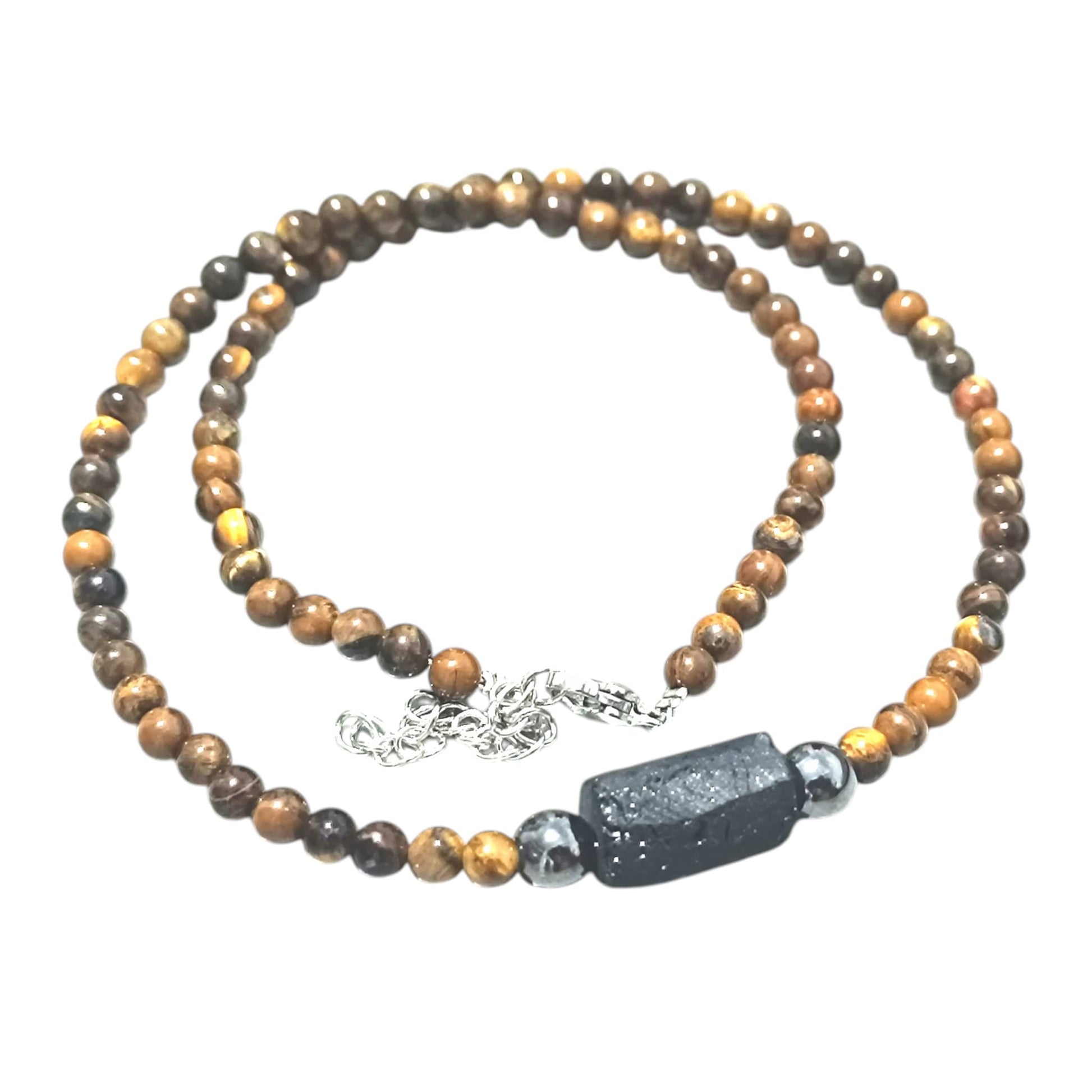 Collar Piedra Natural Combinado OjoTigre 4 mm Hematite 6mm Y Turmalina 45 Cms+ 5 Cadena Extensión Con Cierre Acero TODOMINERAL