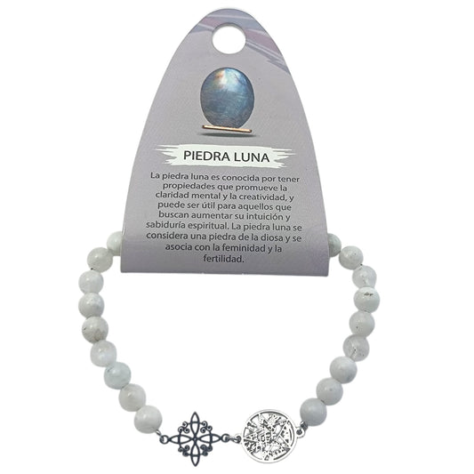 Pulsera Piedra Natural Piedra Luna 6 mm Doble Proteccion Acero PULSERAS MINERALES