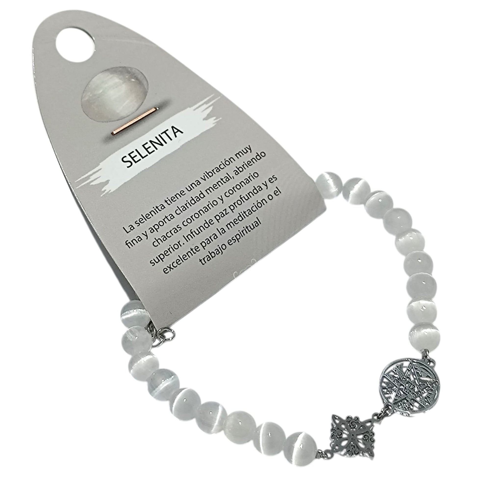 Pulsera de Piedra Natural Selenita con Dijes de (Nudo de Bruja y Tetragrámaton) PULSERA ACERO