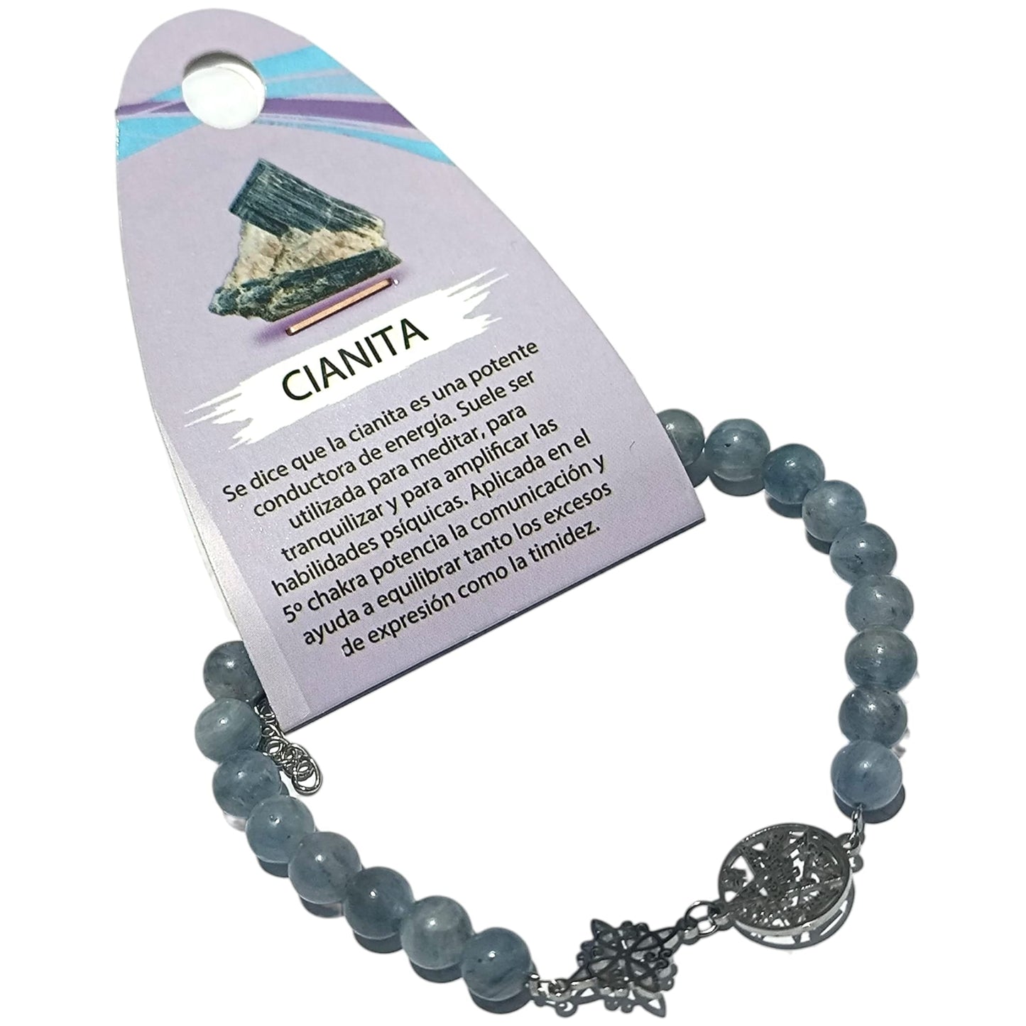 Pulsera de Piedra Natural Cianita Azul con Dijes de Protección (Nudo de Bruja y Tetragrámaton) - Amuleto Espiritual de Alta Calidad. PULSERA ACERO