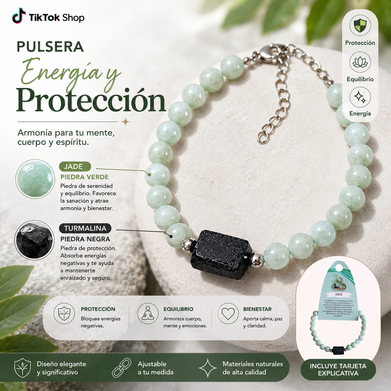 Pulsera de Piedra Natural Jade Burma Con Entrepieza Piedra Turmalina Proteccion y Abundancia PULSERA ACERO