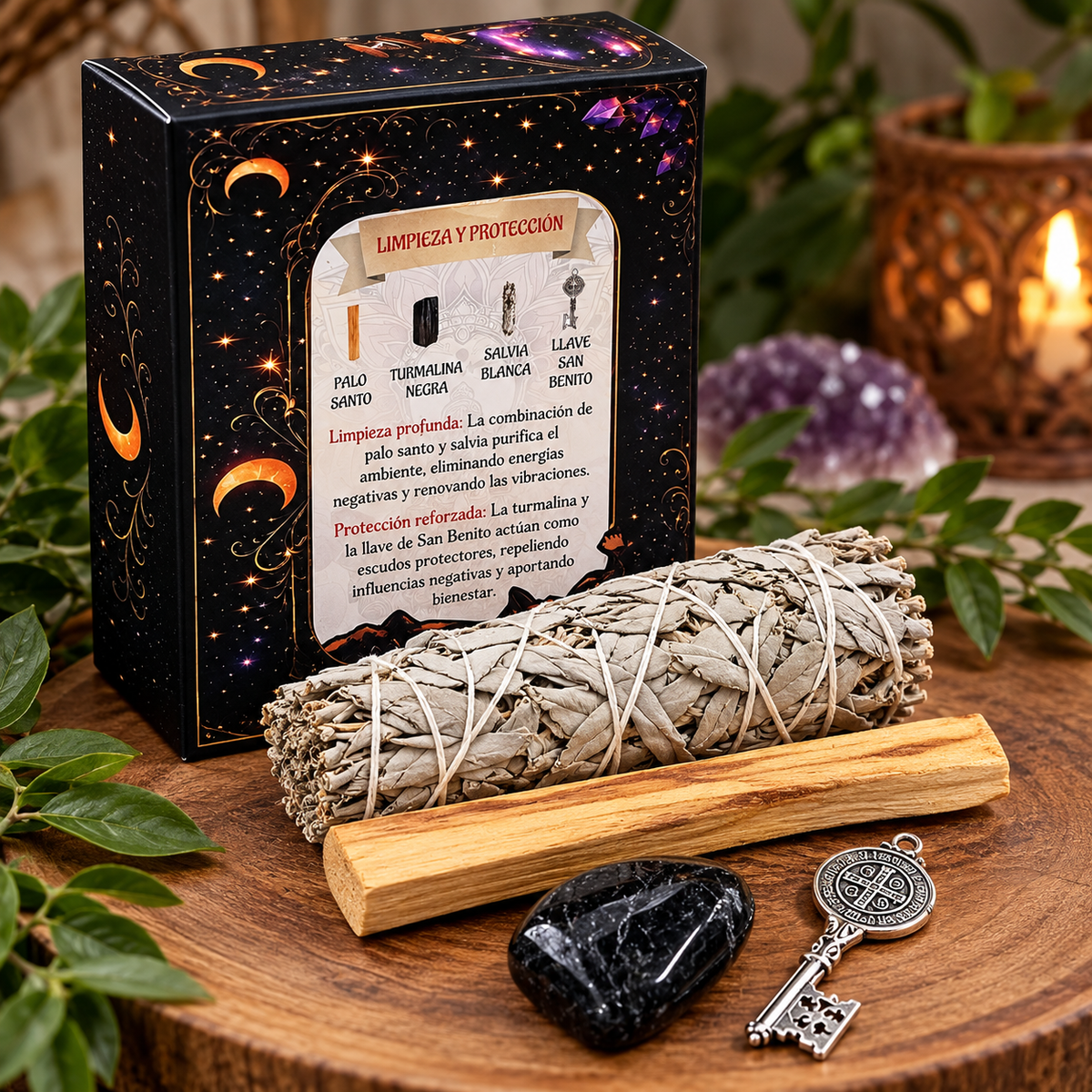 Kit Ritual Turmalina Negra – Salvia Blanca, Palo Santo y Llave de San Benito | Limpieza y Protección Simbólica TODOMINERAL