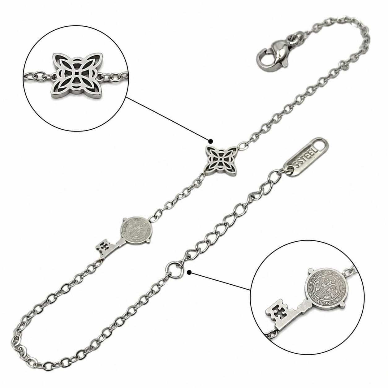 Pulsera Acero Proteccion Y Abrecaminos Dije Nudo De Bruja Y Llave San Benito 18 Cms Aprox PULSERA ACERO
