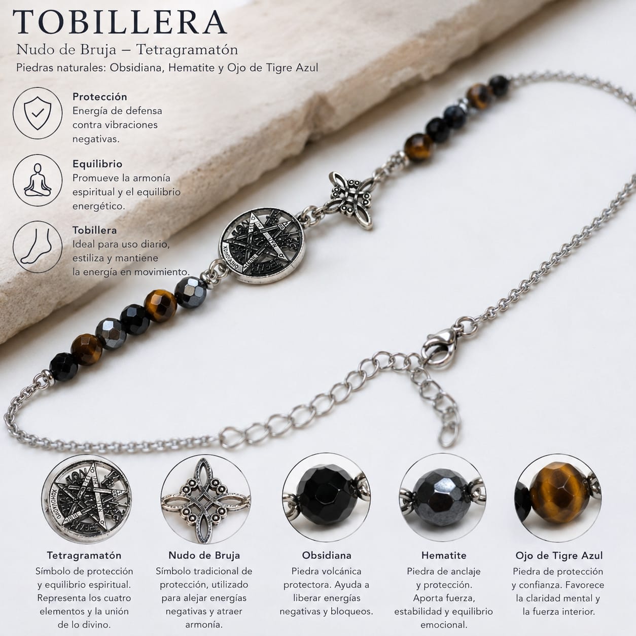 Tobillera Artesanal Acero 5 Proteccion Dije Nudo De Bruja-Tetragramaton Con Piedra Natural Ojo De Tigre Obsidiana Y Hematite TOBILLERAS ACERO