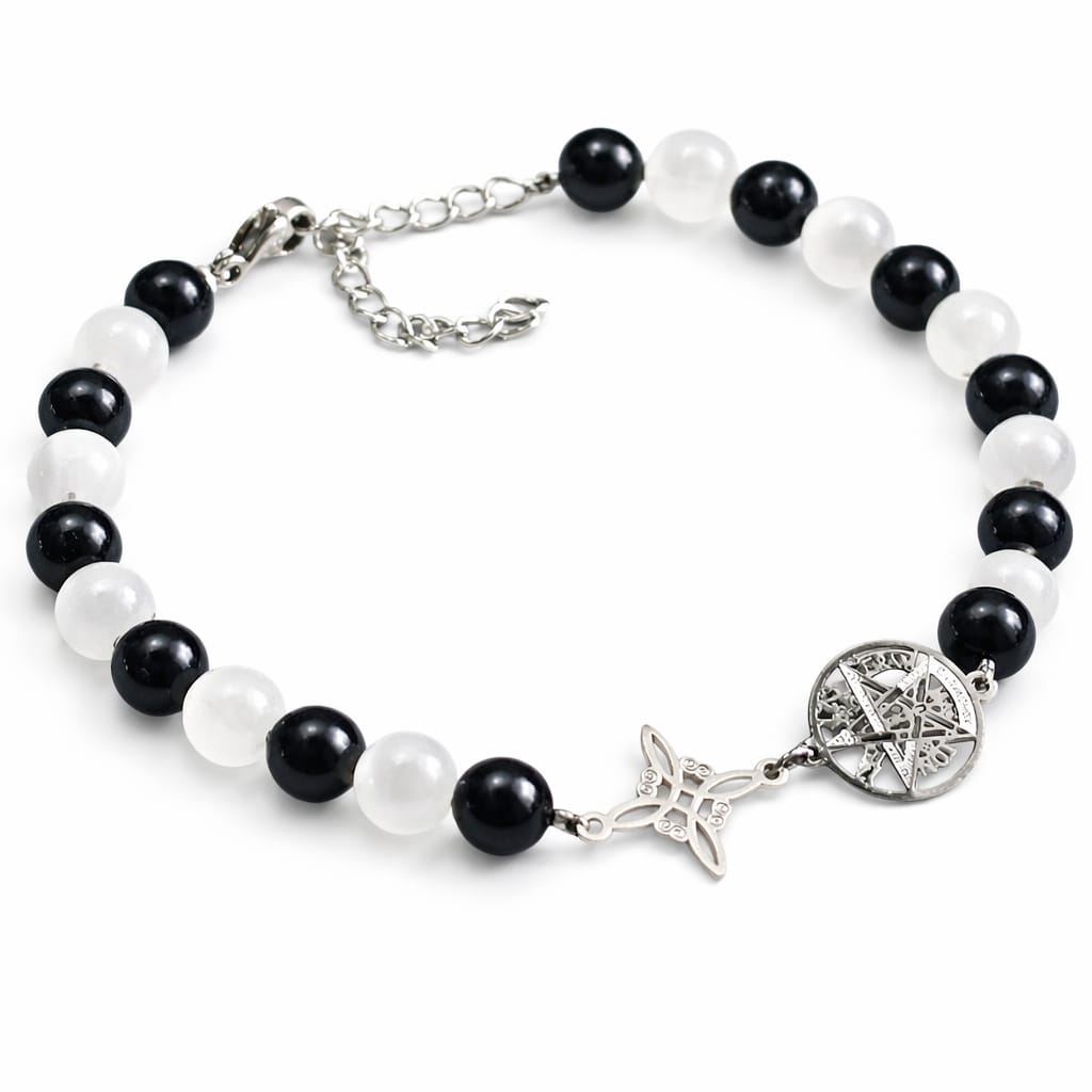 Pulsera Protección Total 🛡️ Turmalina + Selenita | Nudo de Bruja y Tetragrámaton | Acero Artesanal PULSERA ACERO