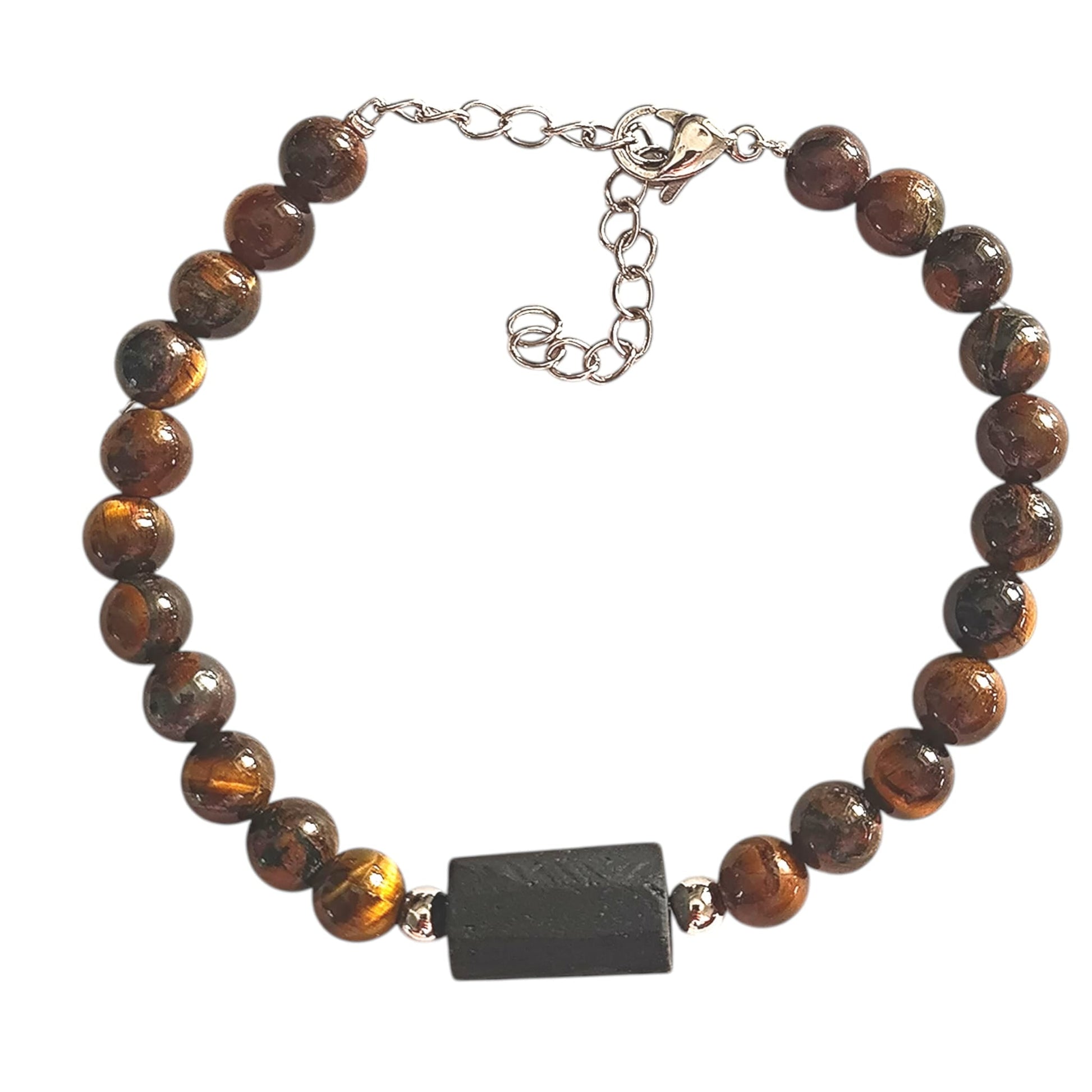 Pulsera de Piedra Natural Ojo De Tigre Con Entrepieza Piedra Turmalina Proteccion Y Enfoque PULSERA ACERO