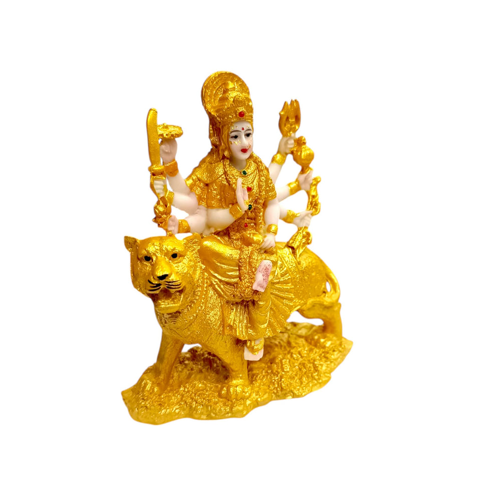 Figura Diosa Durga sobre León de Resina Dorada – 13 cm – Decoración Hindú y Espiritual TODOMINERAL