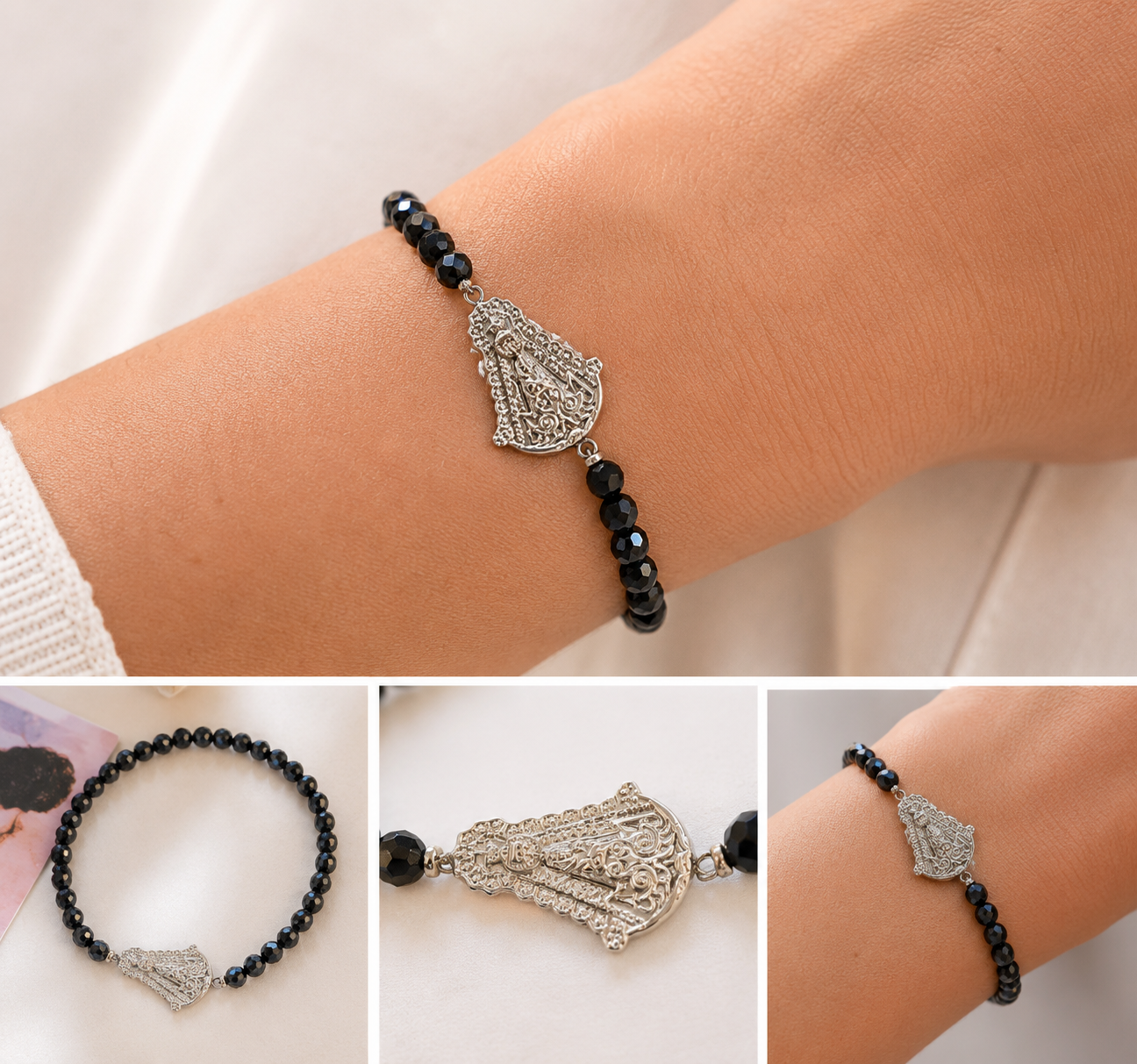 Pulsera Acero Piedra Natural Facetada Turmalina y Entrepieza Virgen del Rocío PULSERA ACERO