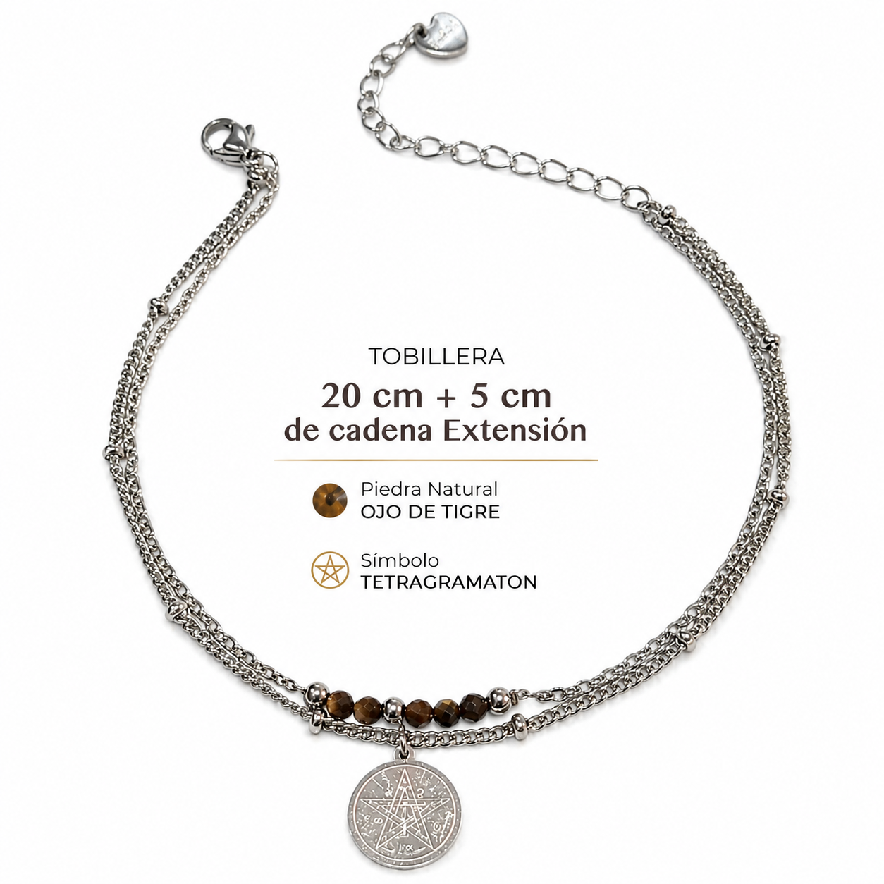 Tobillera Acero Con Dije Tetragramaton Y Piedra Natural Ojo De Tigre TOBILLERAS ACERO