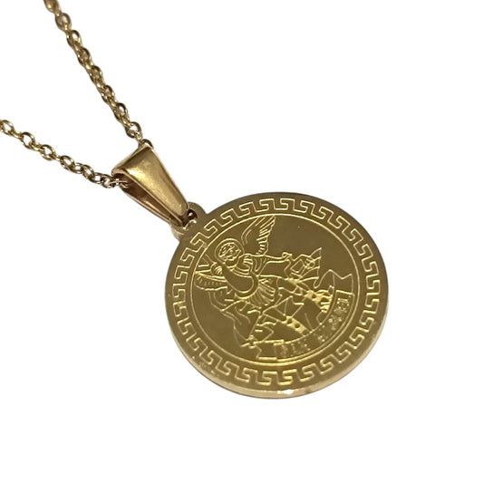 Collar Acero Medalla San Miguel 40 mm Parte Trasera Con Oracion A San Miguel (ELIGE TAMAÑO DE CADENA)