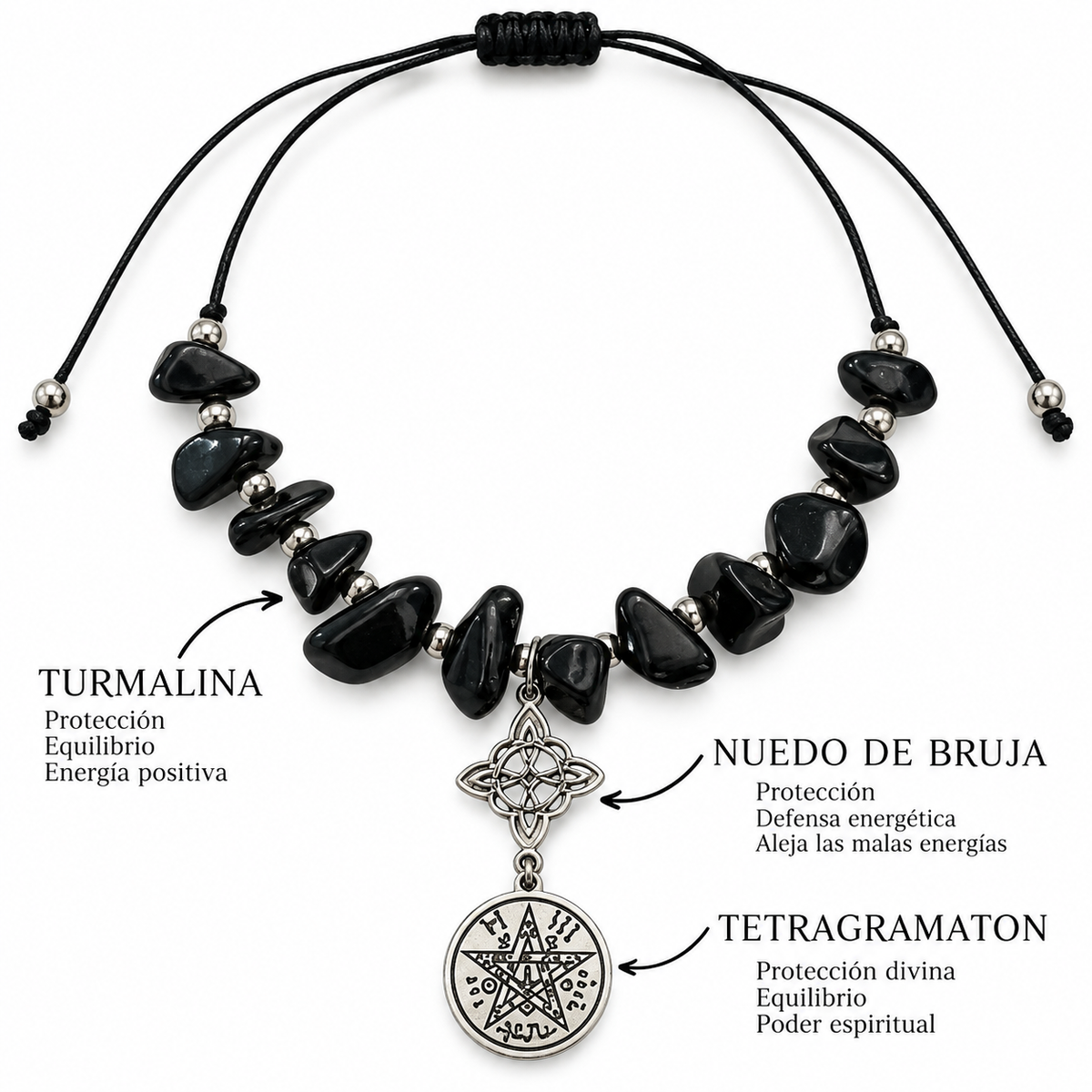 Pulsera Hilo Y Piedra Turmalina Con Dije Acero Nudo De Bruja-Tetragramaton Doble Proteccion PULSERAS MINERALES