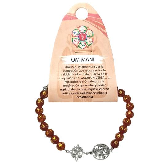 Pulsera de Piedra Natural Carneola On Mani Padme Hum con Dijes de (Nudo de Bruja y Tetragrámaton) PULSERA ACERO