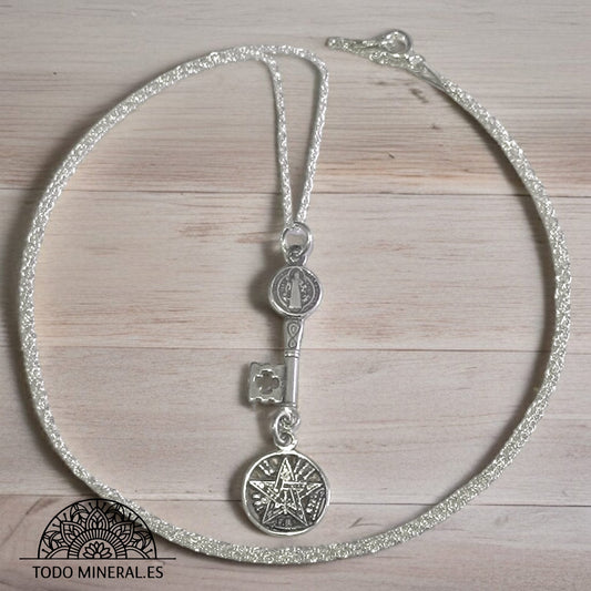 Collar Plata Doble Protección Llave San Benito Y Tetragrammatón Con Cadena 50 Cms Plata 925 - TODOMINERAL