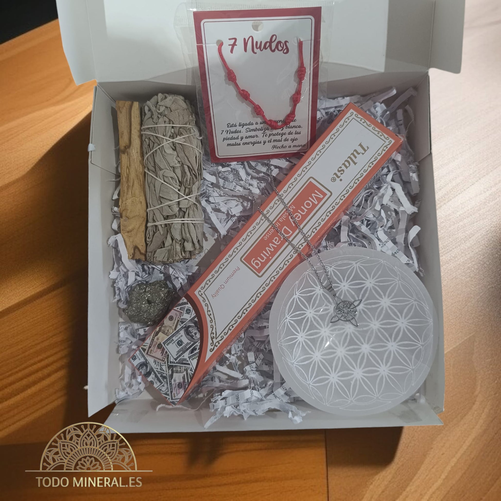 Kit Limpieza Y Dinero ( Cuenco Selenita, Salvia, Incienso Tulasi Money ,Pirita, Palo Santo, Pulsera 7 nudos , Collar Acero Nudo De Bruja - TODOMINERAL